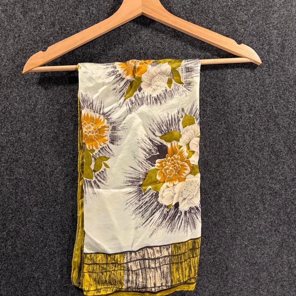 Vintage Floral Square Scarf Yellow Cream Patterned Silk Style Head Neck Scarf